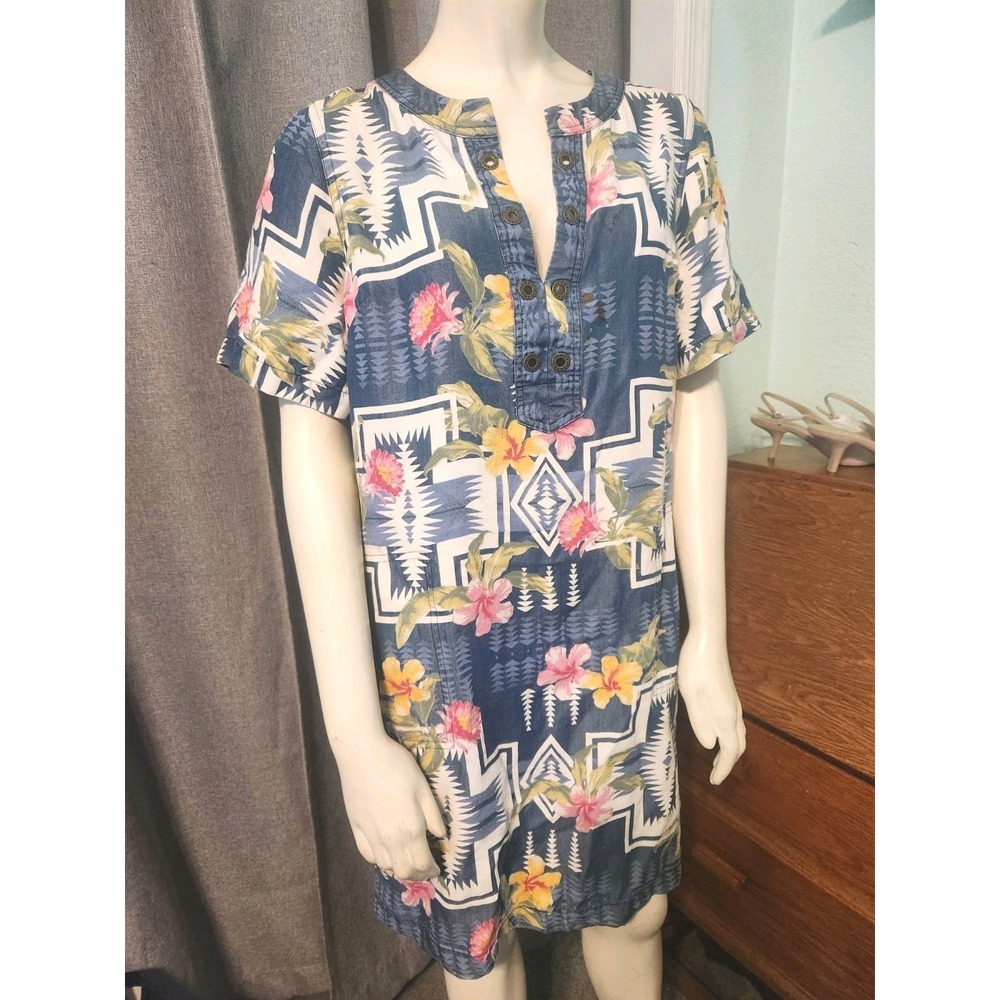 TOMMY BAHAMA x PENDLETON Dress Aloha Aztec Blue Harding Denim Tencel Pockets S